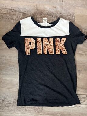 Victoria's Secret PINK Sequin Logo Tee XS - Charcoal & Rose Gold